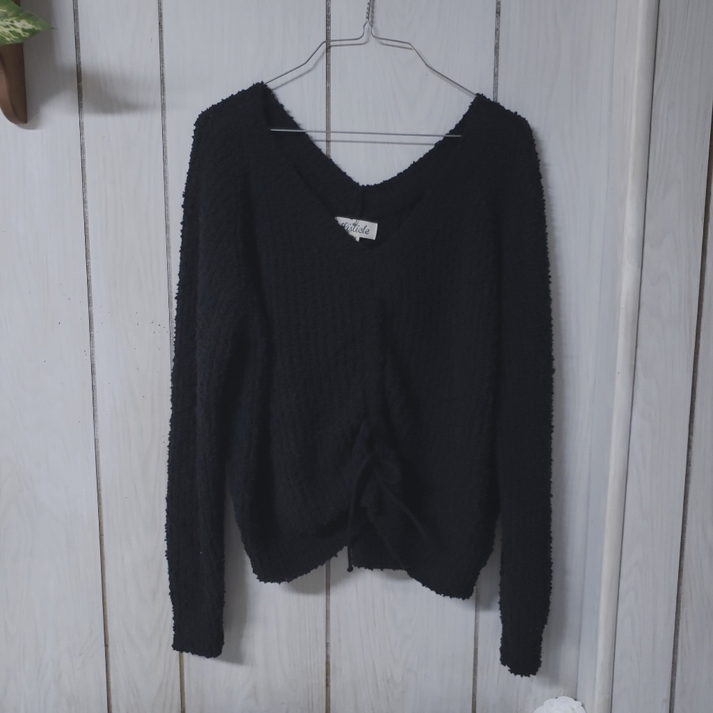 Black Adjustable Cinch Front Tie V Neck Sweater Listicle Size L
